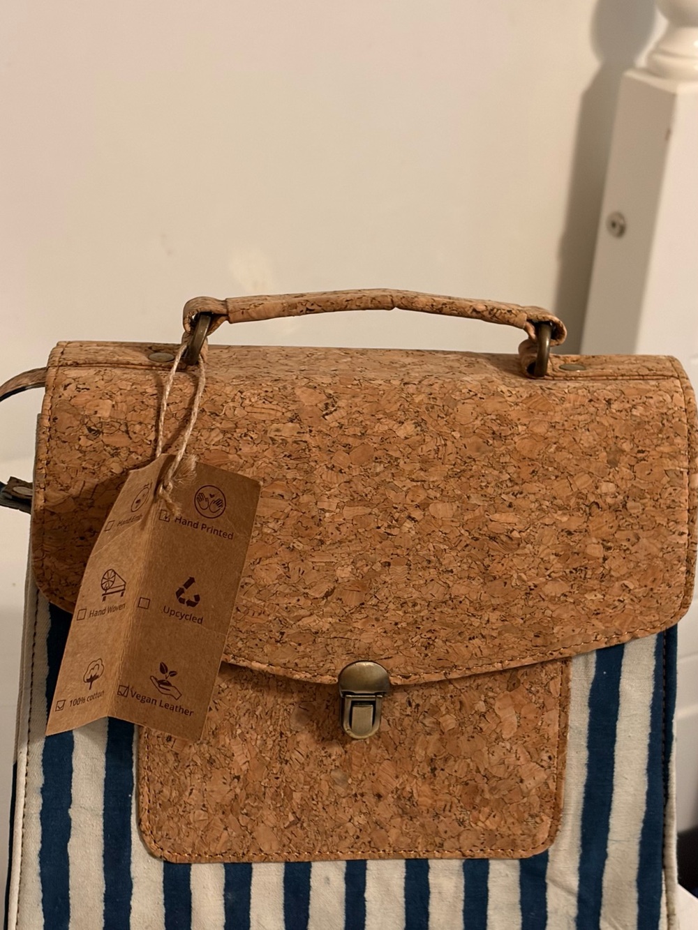 Cork Top Handle Satchel of Vegan Leather upcycled -  Natural Cork and Navy.